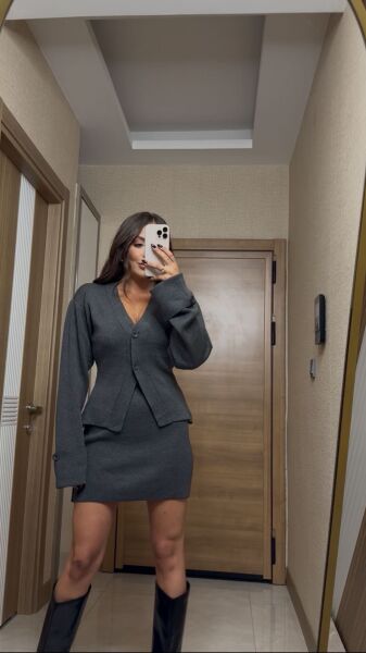 Gri Triko Ceket Etek Takım