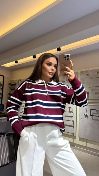 Bordo Lacivert Çizgili Kazak