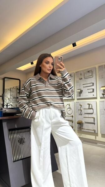 Kahve Siyah Çizgili Kazak