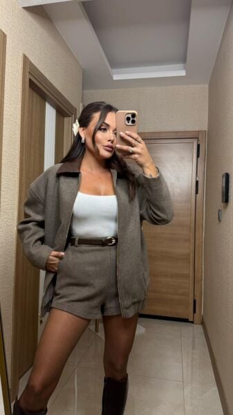 Kahve Kaşe Ceket Şort Takım